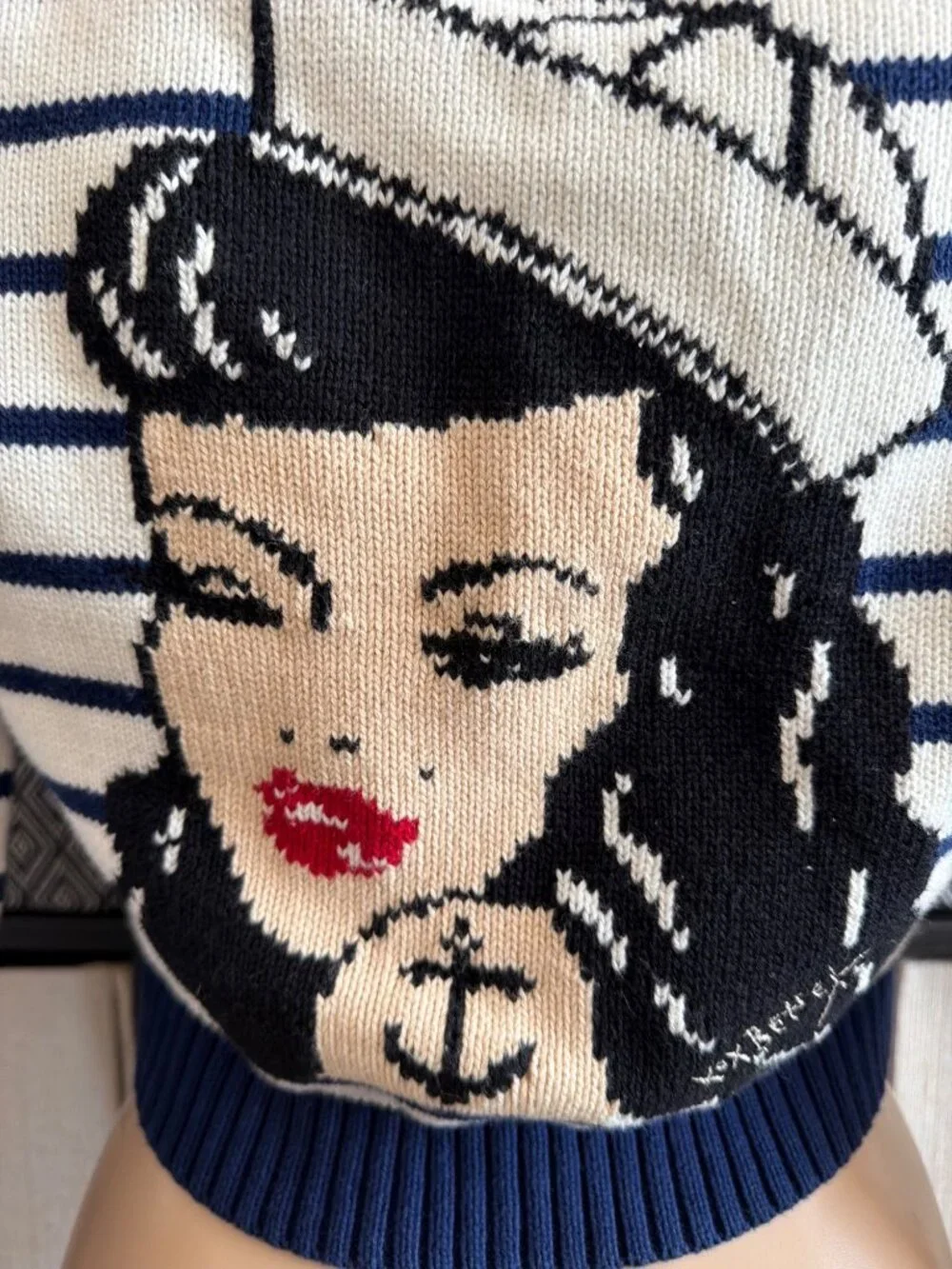 Betsey Johnson 2011 Sailor Girl Intarsia Nautical Cardigan Sweater Sz M w/FLAW - Picture 5 of 12